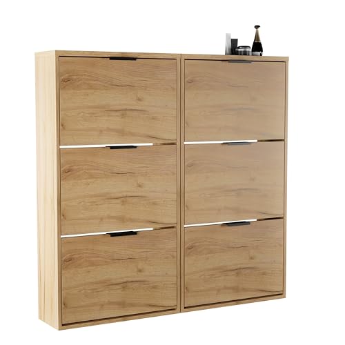 Planetmöbel 2 x Zapatero Estrecho con 3 Puertas, Organizador Zapatos con 6 estantes, Armario Zapatero para recibidor, Pasillo, guardarropa 60 x 23 x 118 cm, Roble Dorado