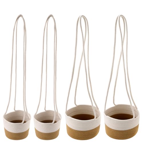 KEILEOHO 4 Stück Hängender Pflanzkorb 14 cm und 20 cm, Hängende Blumentöpfe Baumwolle Handgewebt Blumenampel für Inne Pflanzen, Balkon, Flur, Hof