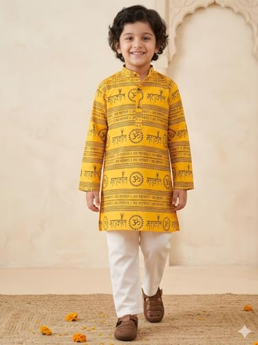 Image of AJ DEZINES Boys Cotton Full Sleeve Letter Printed Kurta Pajama Set for Kids - Ethnic wear | Special Occasion & Traditional Outfit |Boys Kurta Set - Regular Fit