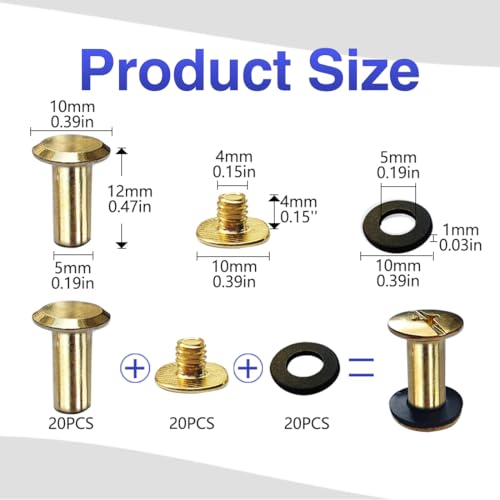 SHSMPXOY Chicago zestaw 20 śrub do książek, ze stali nierdzewnej M5 x 12 mm, śruby do introligatora, nity śrubowe do skóry, toreb, książek, obroży, plecaków, smyczy dla psów (złote)