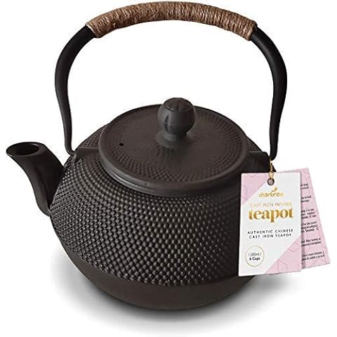 Classic Black Cast Iron Teapot by Charbrew 1200ml Tea Pot Kettle Cover
