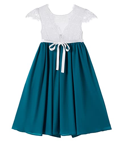 Beganly Blumensmädchenkleid Prinzessin Festliches Kinder Mädchen Kleid Festzug Kleider Hochzeit Partykleid Anmutig Lieblich V-Rücken Spitze A-Linie Langes Chiffon Kleid Türkisblau 120 (Teal Blue)
