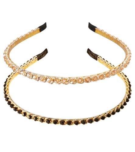 YARN & INK 2 Pcs Women's Thin Crystal Diamond Headbands Non Slip, Fashion Cute Metal Headband Beaded Bling Hair Accessories Vintage for Women Girls (Gold+Black)