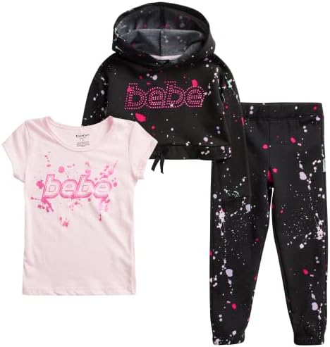 bebe Baby Girls’ Pants Set – 3 Piece Playwear Fleece Hoodie, T-Shirt, and Leggings (2T-4T)