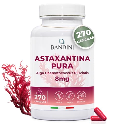 Bandini® Astaxantina pura 270 cápsulas | Oleorresina rica en astaxantina del microalga Haematococcus pluvialis | Potente Antioxidante Natural 8 Mg por dosis diaria | Sin OMG | Suministro para 9 meses