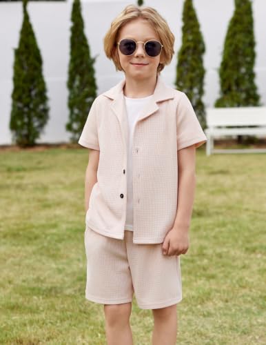 Image of Arshiner Toddler Boys 2 Piece Summer Outfits Waffle Knit Short Sleeve Button Down Shirt & Casual Shorts Sets Size 2-7