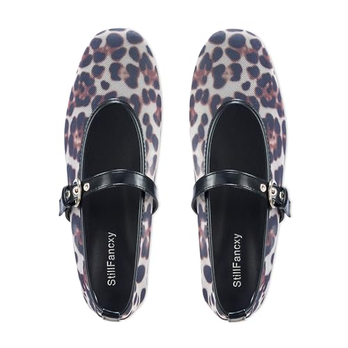 Image of Leopard Flats for Women Mesh Ballet Flats Mary Jane Animal Print Shoes Slip On Casual Breathable Ballerina Flats