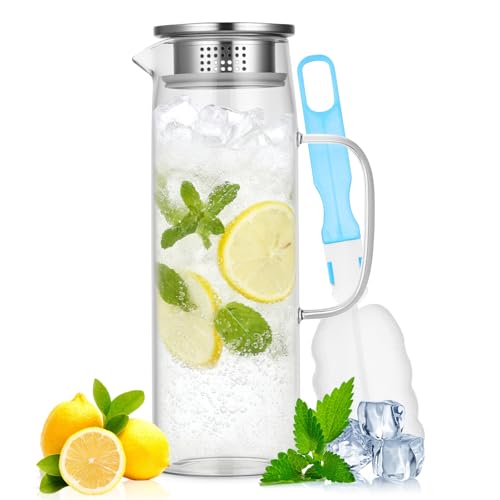 Glaskaraffe mit Deckel 1.5 Liter, Wasserkaraffe mit Deckel Transparent, Hitzebeständig Wasserkocher, für Heißes/Kaltes Wasser, Kaffee, Wein, Milch, Eistee und Saftgetränke (mit Becherbürste)