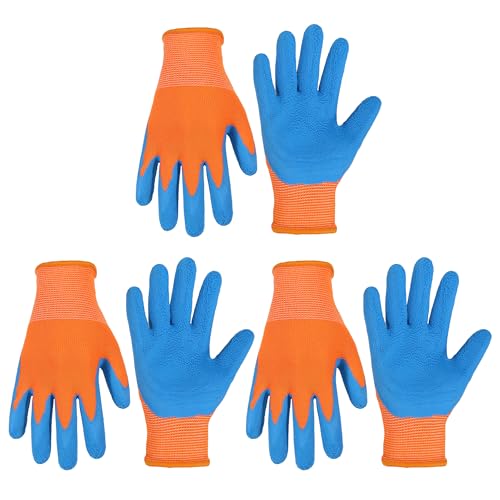 HANDLANDY 3 Pairs Kids Gardening Gloves Latex Free, Nitrile Coated Children Toddler Garden Yard Work Gloves for Little Girls Boys (Size L, Black-Orange) L (Pack of 3) Black-orange