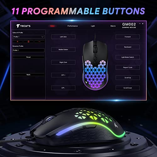 Tecurs Wired Gaming Mouse 12000 Dpi Programmable Mouse, Usb Optical Pc Gaming Mice, Ultra-Lightweight Rgb Mouse, Honeycomb Shell Design, Computer Game Hardware, Black #TOP1