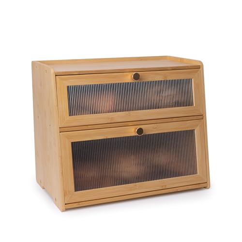 Beautiful Bamboo Bread Box for Kitchen Countertop Non-toxic Double Layer Wooden Breadbox Vitamin Organizer Supplement Bottle Organizer Vitamin Bottle Storage Food-Safe (Back Removable)