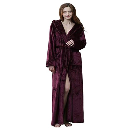 LOFIR Kvinnor vinter fleece morgonrock med huva dam lyx flanell badrock fluffig lång nattklänning full längd handdukrock mjuka varma nattkläder flickor lätta nattkläder