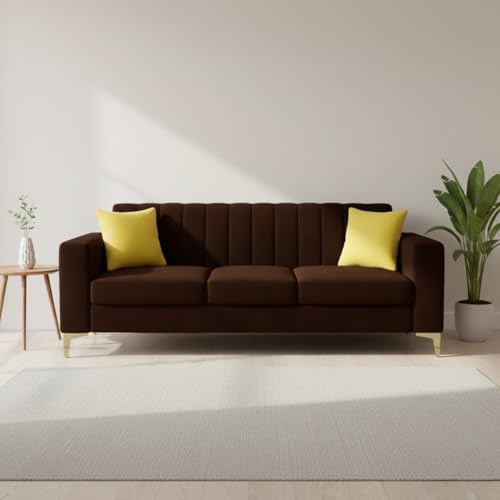 Image of FURNY Alona 3 Seater Fabric Sofa Set (Dark Brown) Premium Velvet Finish | Durable & Comfortable Ideal for Living Room, Offices