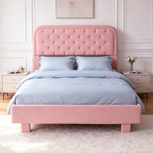 VINGLI Cloud Queen Bed Frame with Boucle Headboard Cozy Soft Platform Bed with Wooden Slats Cute Fabric Headboard Cream Modern Style Noise Free Rounded Corners Pink