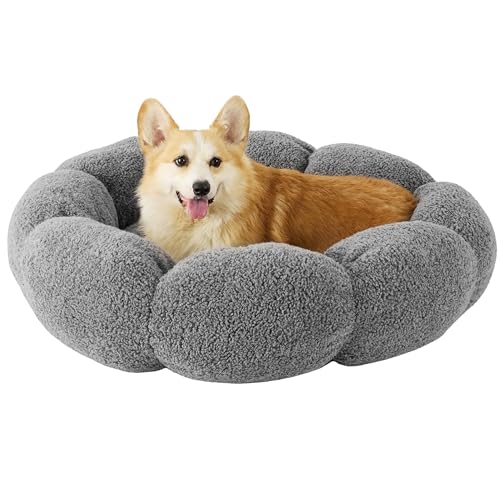 lesure calming large dog bed - flower donut round fluffy puppy bed in plush teddy sherpa non-slip cute flower dog beds large pet bed fits up to 100 lbs machine washable grey 3634