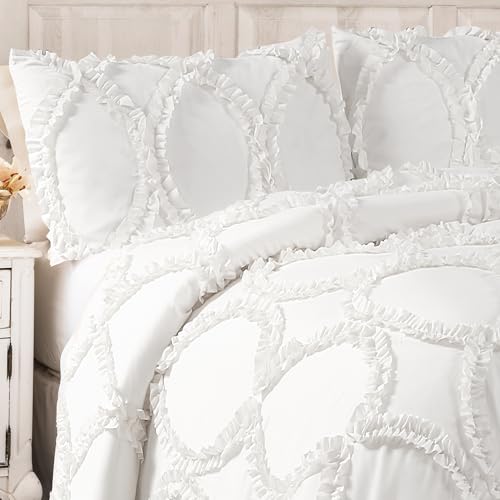 Ensemble comforter ruffled blanc lavable pour grand lit sans repassage - 3