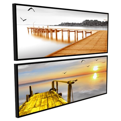 Image of PAINTINGMANTRA Landscape Framed Painting Peir Sunrise on Water Poster Framed Art Print For Living Room, Decorative Home & Wall Decor - Set Of 2 (Black Frame, 8x18 Inch)