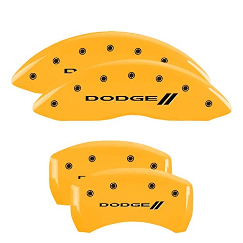 Image of MGP Caliper Covers - Brake Caliper Covers for 2011-2023 Dodge Challenger & 2011-2023 Dodge Charger (Requires Dual Piston Front Caliper) Front and Rear Set - Engraved DODGE / / Logo (Yellow)