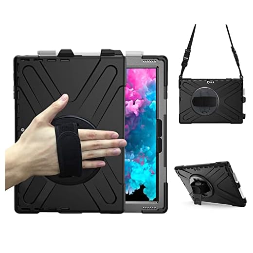 Microsoft Surface Pro 7 / Pro 6 / Pro 5 / Pro 2017 / Pro 4 / Pro LTE Case, Protective Rugged Cover Case w/Pen Holder Hand Strap Rotating Kickstand Shoulder Strap, Rugged Shockproof Silicone Case Black