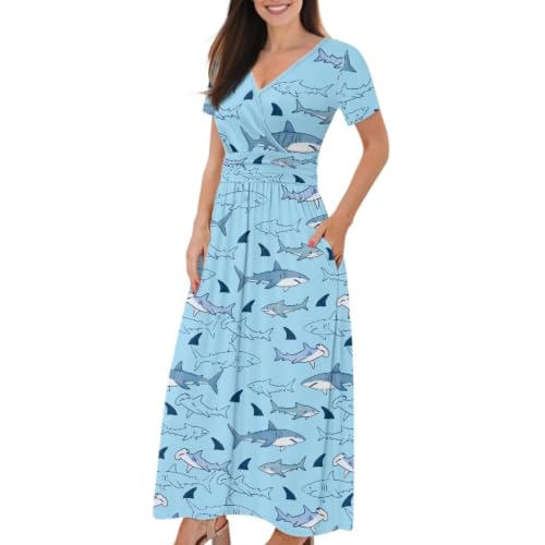Image of Women's Fall Summer Short Sleeve Ankle Length V-Neck Party Dress with Pockets Size S-3XL