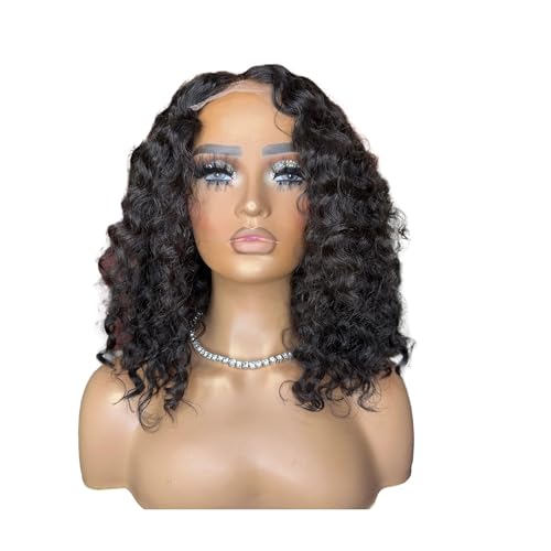 Aruba Glueless Wig, 14 Inch Bob Brazilian Deep Wavy Curly Hair, 5x5 HD Lace Closure Glueless Wig, Human Hair Wigs, Pre Plucked Bleached Knots, Wigs for Hair Loss (Medium)