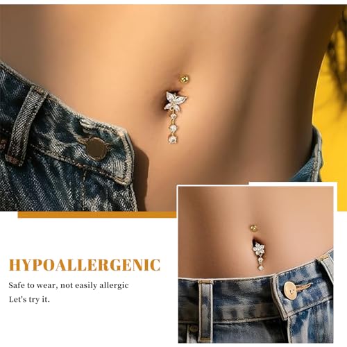 CharmBurst 5 pezzi di piercing ombelico pendente in acciaio chirurgico oro, anello ombelico con zirconi, set di piercing lungo ombelico resistente all'acqua