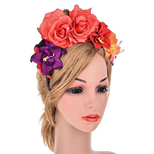 Women Day of The Dead Headband Artificial Rose Flower Crown Mexican Halloween Festival Headpiece Colorful Fake Stamen Party Hair Hoop - Image 4