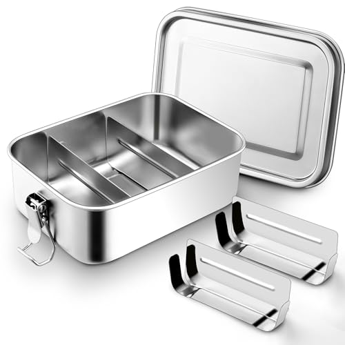 Herogo Fiambrera con compartimentos, 850 ml, acero inoxidable, fiambrera bento para niños y adultos, ideal para la escuela, picnic, trabajo, separador flexible y a prueba de fugas
