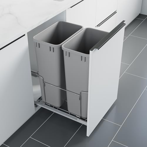 Image of Dowell B18 Aluminum Base Wastebasket Pullout with Door Mount and Two 50Qt /13Gal Plastic Bins (4012 0218+50x2)
