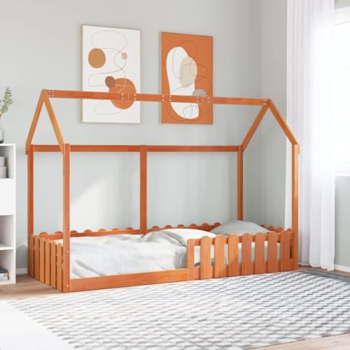 HaoChrymec Cama Infantil con Forma de Casita, Madera de Pino Natural, Diseño con Barandillas de Seguridad, Cama Infantil Ideal para Habitaciones Infantiles y Juveniles, Color Marrón Cera, 80x200 cm