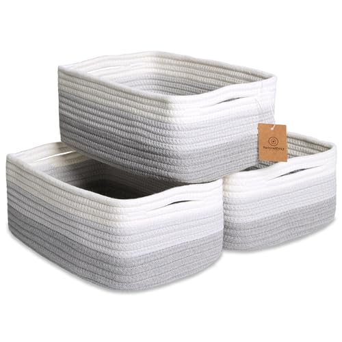 NaturalCozy 11.8'x8'x4.5” Rectangle Storage Baskets for Shelves 3 Pack | Cotton Rope Woven Small Baskets for Organizing | Small Storage Bins for...