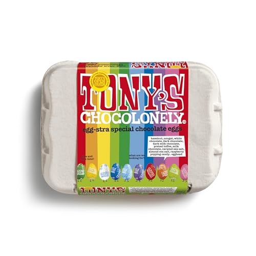 Tony's Chocolonely Assortiment d'œufs de Pâques - 12 œufs de Pâques en aluminium - Chocolat belge issu du commerce équitable - Cadeaux de Pâques - Boîte...