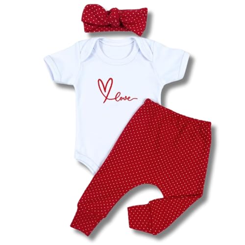 Conjunto Roupa Bebê Menina Body Manga Curta Calça e Faixa Moda Blogueirinha Love Vermelho Roupinha C