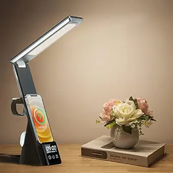 AR Mall LED Desk Lamp with Wireless Charger 3 in 1 Fast Charging Station, Touch Control Desk Lamp with Clock, Alarm, 3 Lighting Modes & Stepless Brightness Home Office Eye-Caring Table Lamps Black