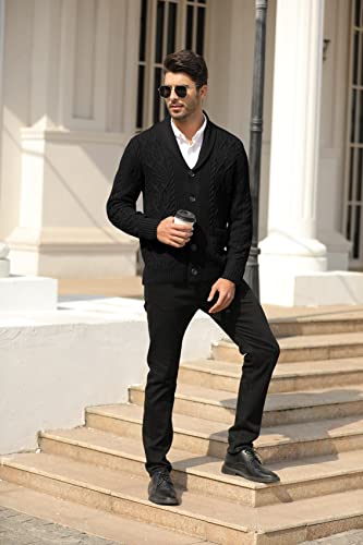 Makkrom Mens Shawl Collar Cable Rib Knitted Button Up Casual Chunky Thermal Solid Cardigan Sweater Black #TOP2