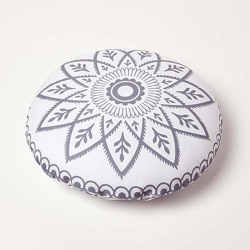 Homescapes 2er-Set runde Kissen Henna grau-weiß, Outdoor Kissen Mandala mit Füllung, Gartenkissen rund 40 cm