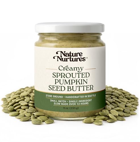 Creamy Sprouted Pumpkin Seed Butter · Single Ingredient · Raw · Stone Ground · Slowly Made Over 12 Hours · Small Batch · Handcrafted in Seattle USA · For Smoothies, Oatmeal, Savory Spreads & Baking · High Protein · No Added Sugar · No Palm Oil · Unrefined · 100% Pure & Natural · Packed in Glass Jar · 9 oz (255 g)