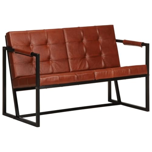 RMIHSJG Brown Goat Leather Sofa 2-Seater Industrial Chic with Powder-Coated