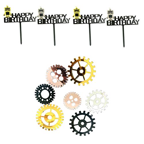 Amosfun Acrylic Gear Cake Toppers Cake Picks Robot Theme Cake Decoration Birthday Party Dessert Insert Favor(Gear, Golden Robot And Silver Robot) #TOP10