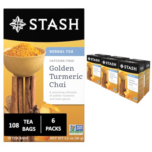 Stash Tea Turmeric Chai Herbal Tea - Naturally Caffeine Free, Non-GMO Project Verified Premium Tea with No Artificial Ingredients, 18 Count (Pack of 6) - 108 Bags Total