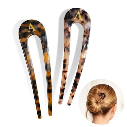 Fohufo French Hair Pin for Women - 5.3 Inch 2 Pcs Tortoise Shell Initial French Pin, Fashion Hair Accessories for Women, Acetate Cute Hair Forks, Birthday Gifts Valentines Day Gifts, Letter A