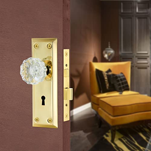 Newliplace Gold Mortise Lock Set With Crystal Glass Knob, Antique Door Knobs With Lock And Key, Fit Interior Door, Polished Brass Finish #TOP1