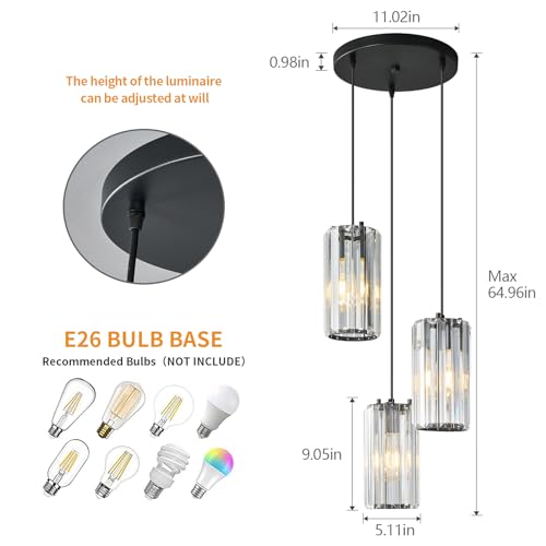 Image of Black Pendant Lighting Modern Pendant Light, Mini Crystal Chandeliers,Adjustable Pendant Light Fixture for Kitchen Island Dinning Room Corridor Bedroom(Gold 3-Light)
