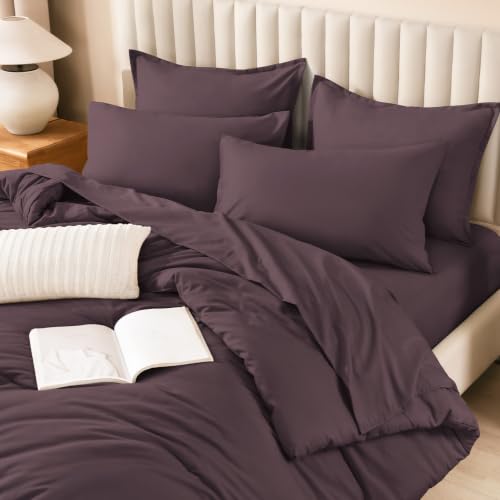 Image of Litanika King Size Comforter Set Plum - 7 Pieces Bed in a Bag King Bedding Comforter Sets, Solid Lightweight Bed Set with Comforter, Sheets, Pillowcases & Shams