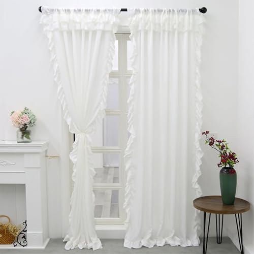 Homxi Cortinas Salon Semitranslucidas de Gasa 2 Paneles,2 x 100W x 130H CM,Cortinas de Color Sólido con Volantes Beige Blanco Cortina con Bolsillo
