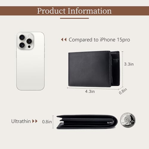 Men's Slim RFID Blocking Bifold Wallet Genuine Leather with Flip ID Window & Coin Pocket Black (Black)3