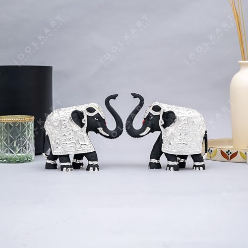Idolkart Pure Silver Coated Black Elephant Showpiece Pair - Eleph...