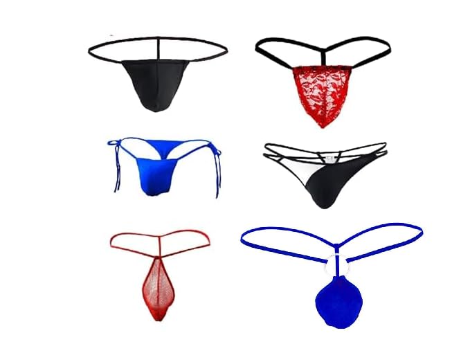 Men's Sexy G String Briefs Assorted Thong Collection, 6-Pack, Multiple Styles and Colours, Black, Red, Blue Regular Fit (S,M,L,XL) Pack of 6