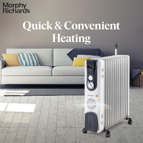 Image of Morphy Richards OFR 13F 13-Fin Oil Filled Radiator Room Heater | 2900W (2500W + 400W PTC Fan) | Adjustable Thermostat, Safety Shut-Off, Castor Wheels | White