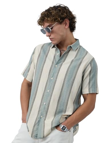 Image of The Souled Store Cotton Linen Stripes: Apricot Men and Boys Long Sleeves Collared Neck Orange Stripes Regular Fit Lightweight Comfortable Summer Cotton Linen Shirts